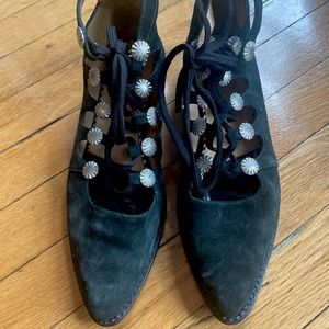 Toga Pulla Emerald Green Suede Lace Up Flats